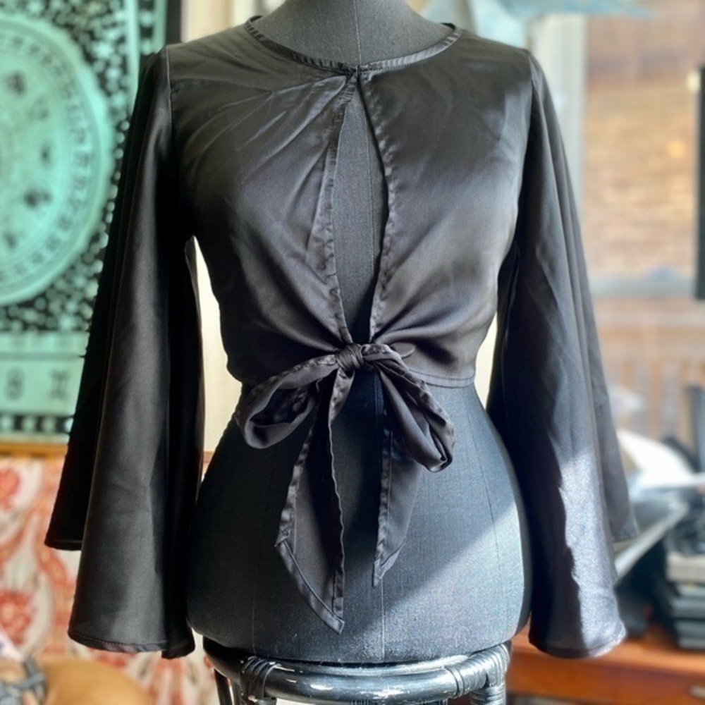 Akira Satin Bow Tie Black Satin Flowy Top!